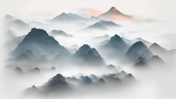 大气写意中国传统水墨画山水插画壁纸-红山