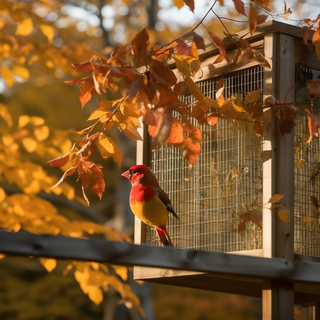秋天笼子小鸟阳光落叶摄影图