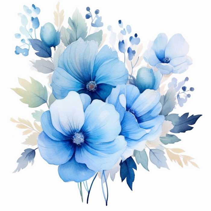 蓝色花朵叶子水彩画插画素材 (x)