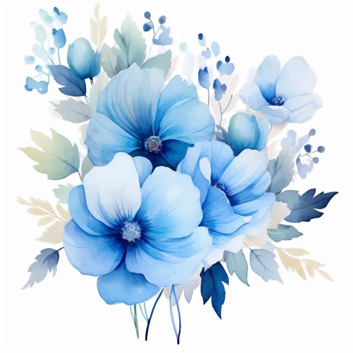 蓝色花朵叶子水彩画插画素材 (x)