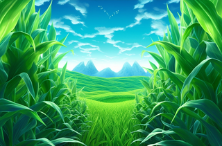 开阔的玉米田蓝天白云插画背景