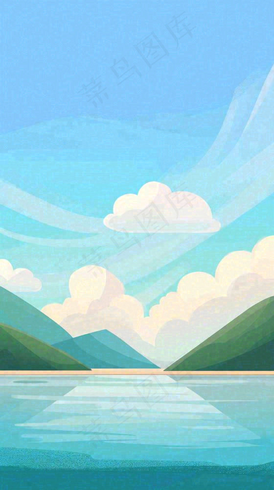 夏天蓝色扁平卡通插画蓝天白云湖水远山(816x1456)