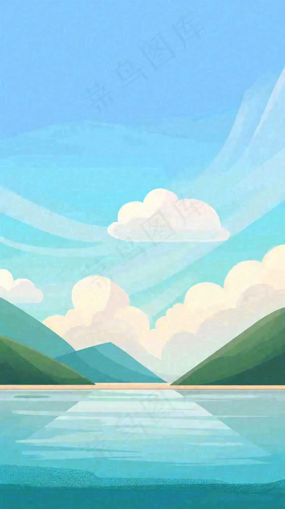 夏天蓝色扁平卡通插画蓝天白云湖水远山(816x1456)