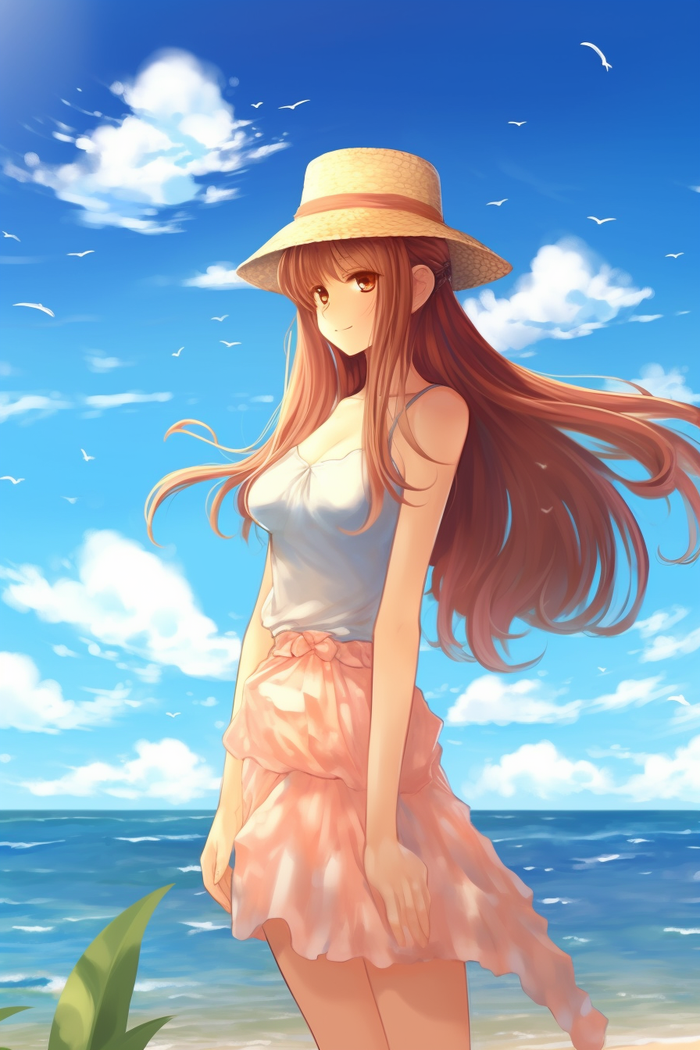 夏日少女在海边沙滩游玩卡通插画素材(x)