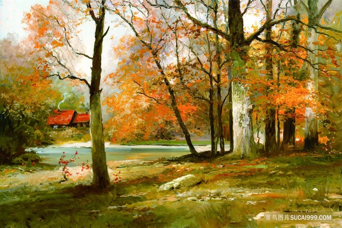 秋季树林草地风景画油画