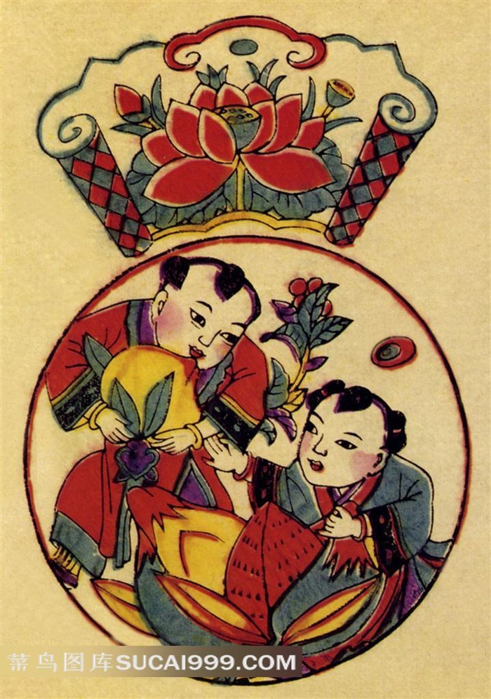 民间年画童子献桃