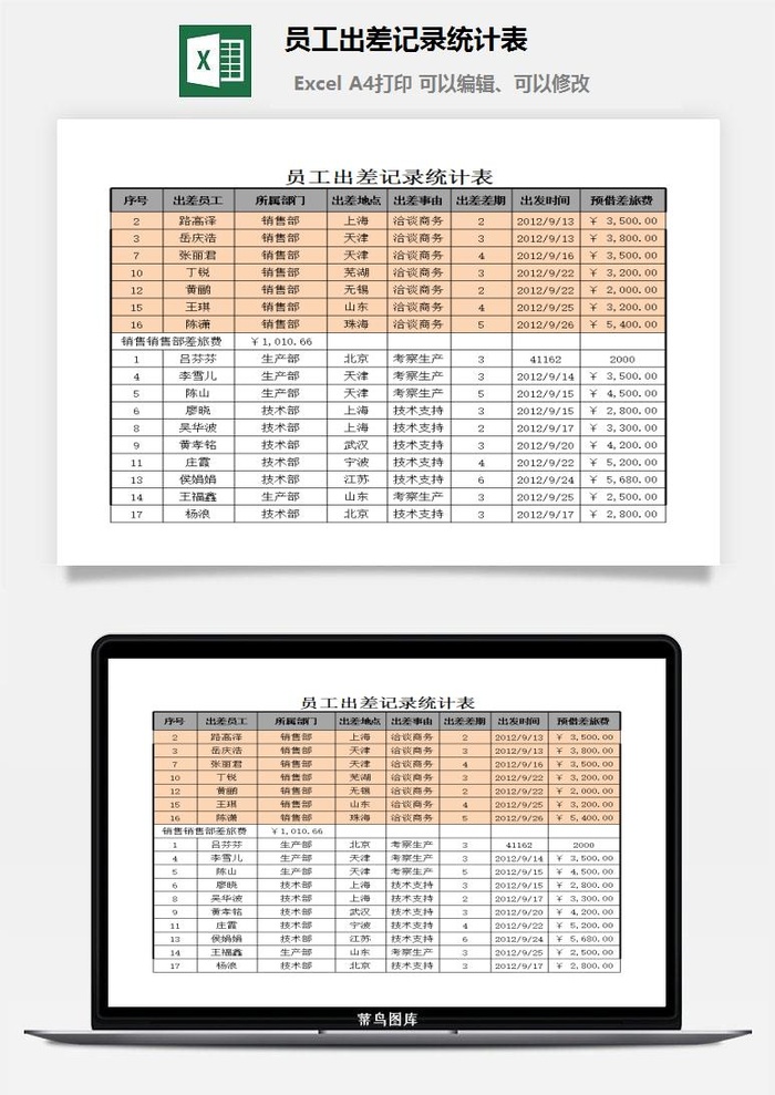 员工出差记录统计表excel模板