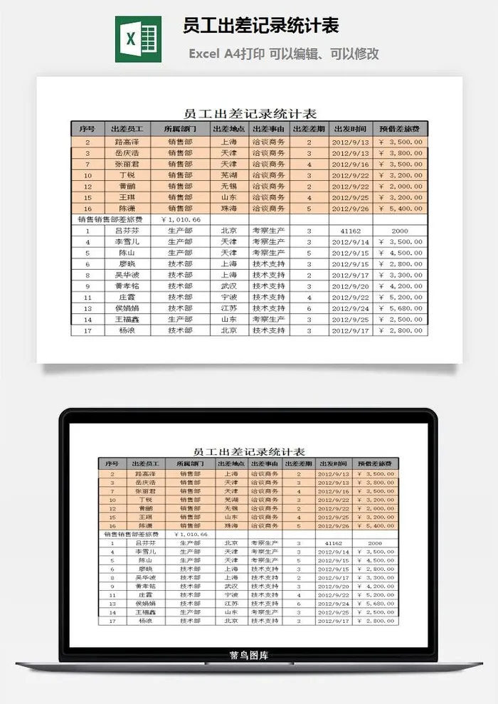 员工出差记录统计表excel模板