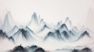 大气写意中国传统水墨画山水插画壁纸-青