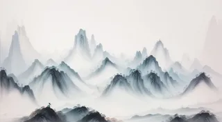 大气写意中国传统水墨画山水插画壁纸-青