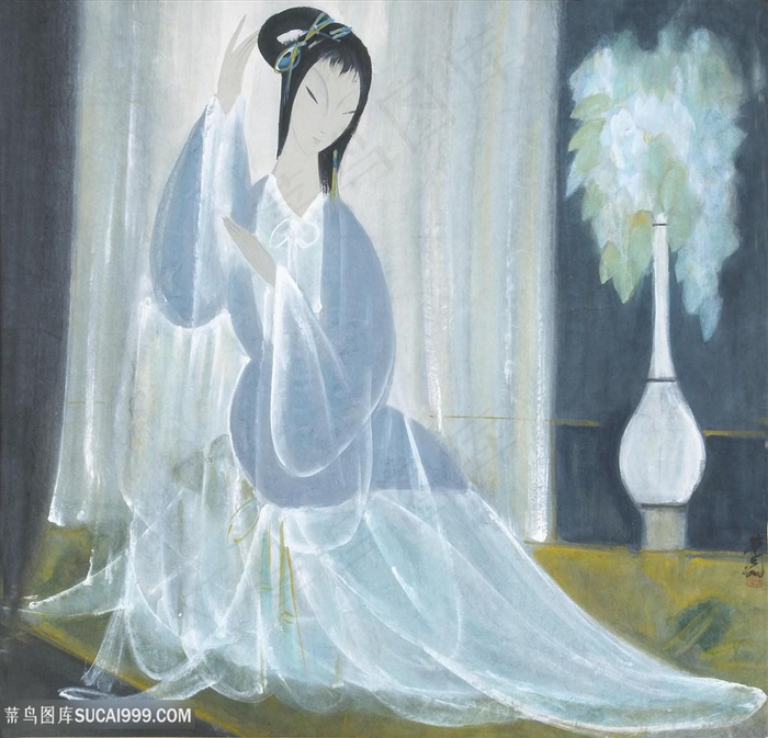 林风眠手绘美女花卉花瓶室内装饰画