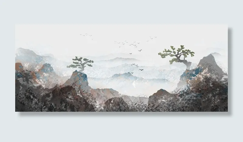 水彩毛笔风景画PSD素材