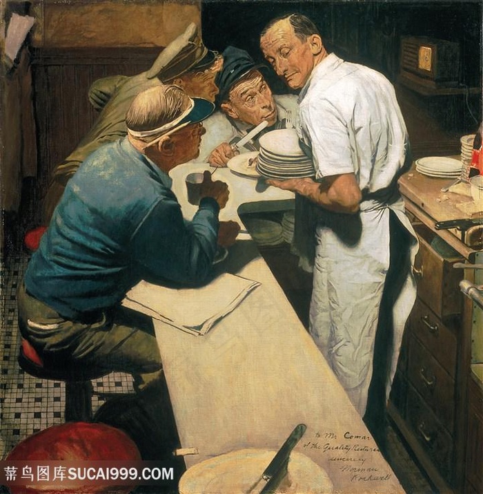 诺曼 · 洛克威尔手绘洗碗工与客人装饰画