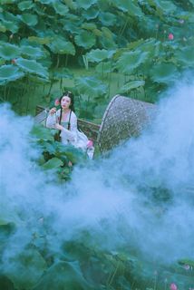 荷塘里小木船上的古装美女图片
