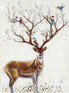 唯美水彩麋鹿鸟儿装饰画