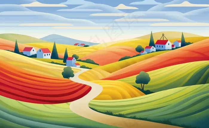 乡村村庄美丽风景河流插画农田插画背景(1408x864)