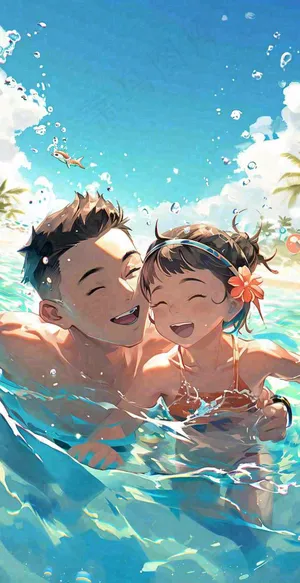 夏天父子游泳泳池蓝天白云清新手绘插画