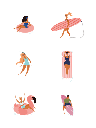 原创游泳人物海边冲浪晒太阳度假