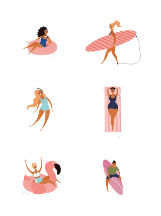 原创游泳人物海边冲浪晒太阳度假