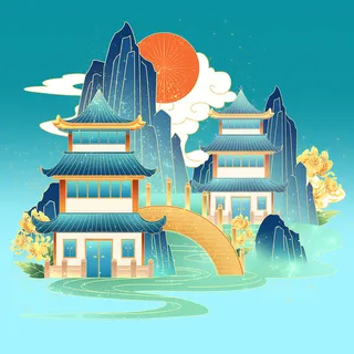 只此青绿风格古典雅致插画背景