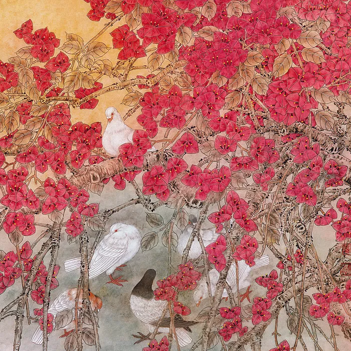 红杏树花鸟中式画