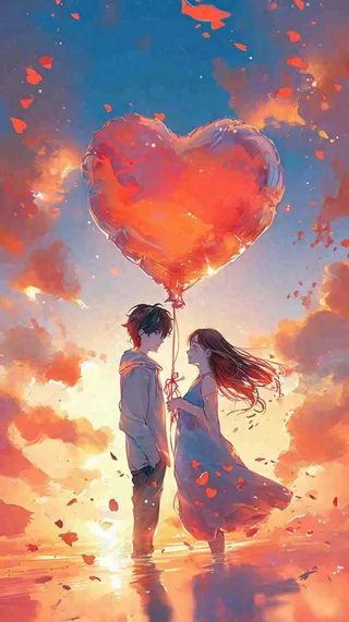 情人节浪漫情人爱心落日蓝天唯美，情侣亲吻爱情，卡通手绘插画