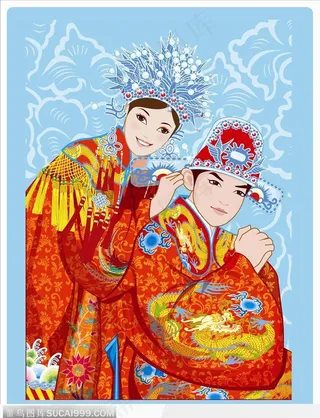 嬉戏的新婚夫妻-凤冠霞帔