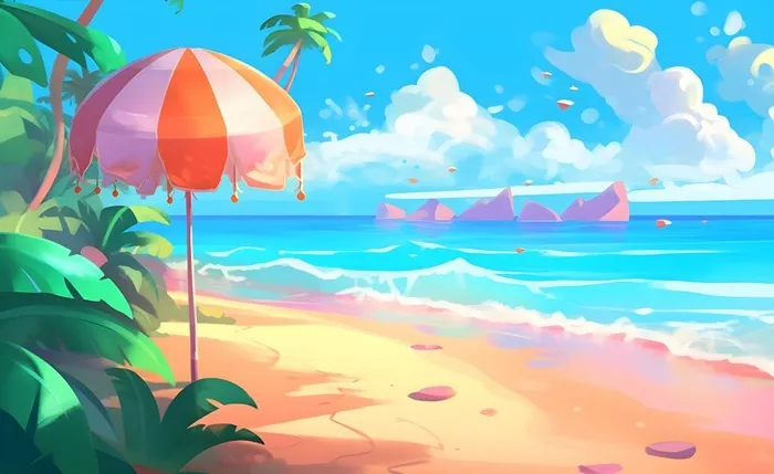 海边度假沙滩椰树冲浪天空插画背景(3600x2208)