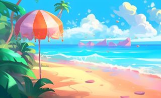 海边度假沙滩椰树冲浪天空插画背景