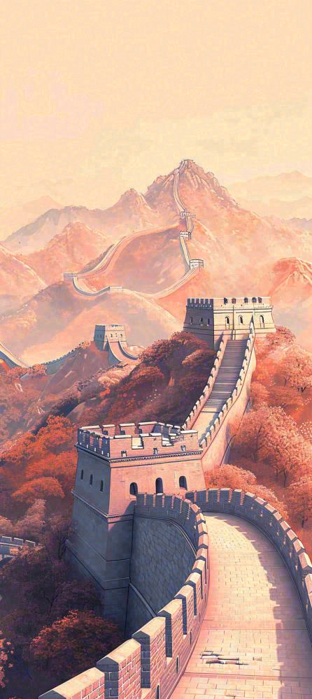 万里长城古风中国风古代建筑落日晚霞插画(736x1648)