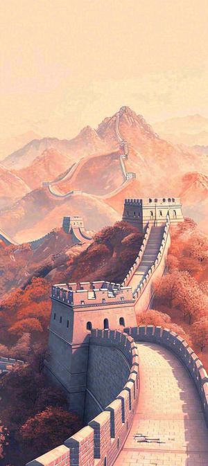 万里长城古风中国风古代建筑落日晚霞插画