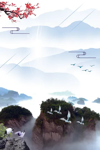 新中式中国风山水花鸟月夜梅花飞鸟白鹤高清背景图客厅卧室装饰画玄关画