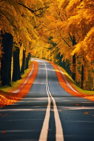 秋天树林的公路风景摄影图