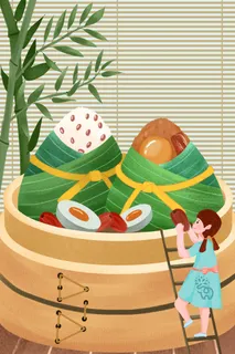 国潮风中国传统节日端午节赛龙舟粽子场景插画海报PSD设计素材