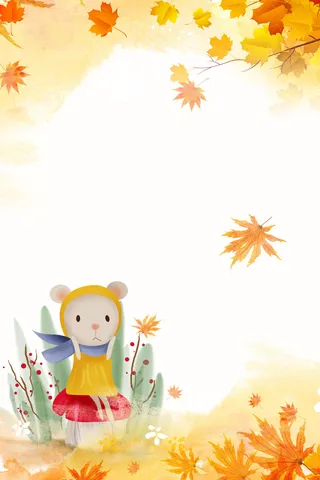 秋天落叶卡通小熊绘画PSD素材