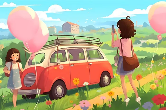 开车旅游草原花草人物卡通插画背景(3600x2400)