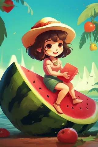 沙滩海洋女孩吃西瓜背景