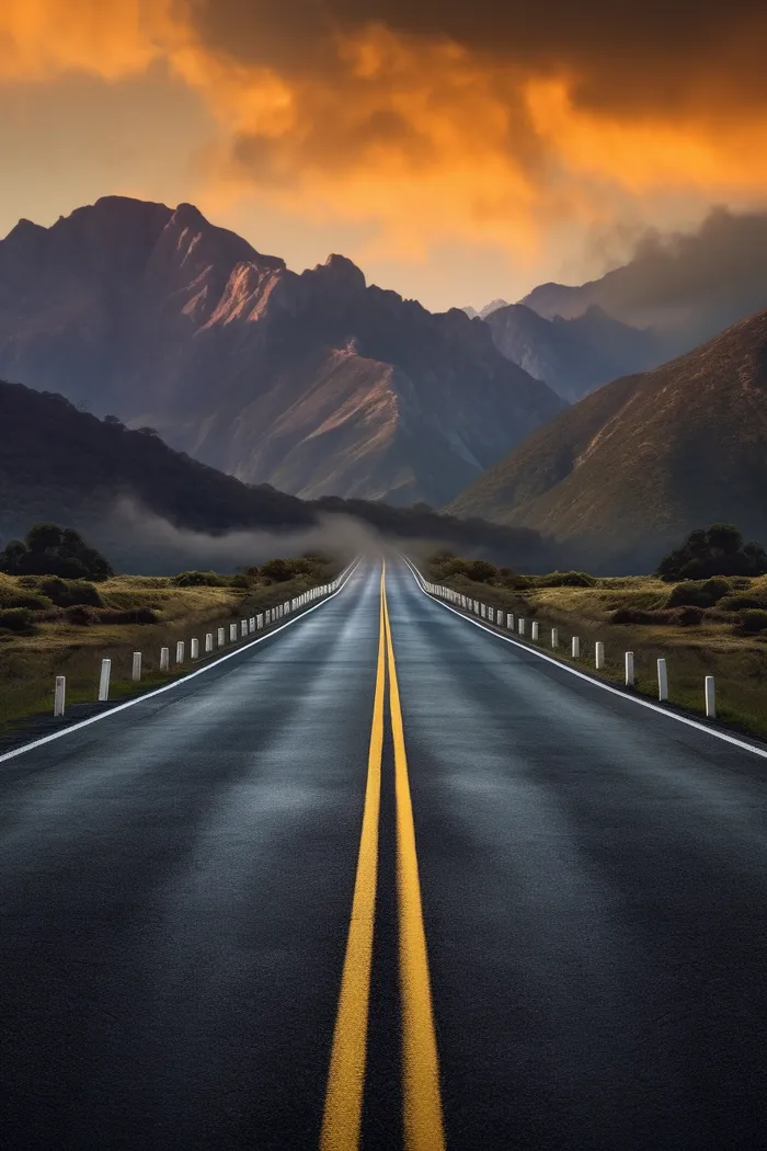 一条通往远方的公路远处是山峰摄影图(2688x4032)