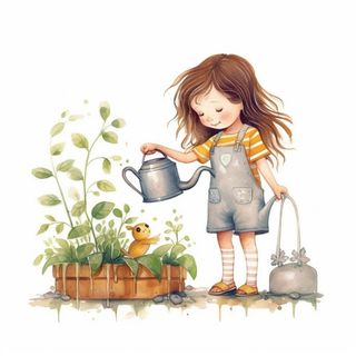 春夏小女孩在给绿植浇水插画海报素材背景