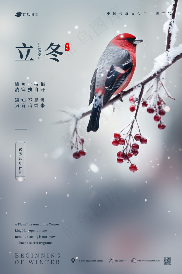 灰色白色合成立冬诗意鸟海报