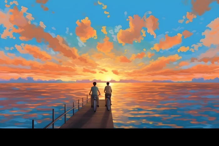 夕阳下骑自行车海边背景