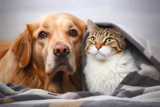 一只可爱的金毛狗和猫咪盖着毯子