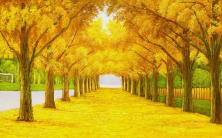 油画黄色林木背景墙