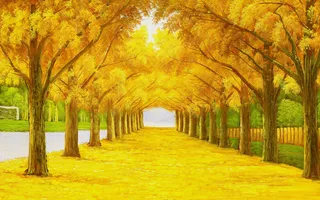 油画黄色林木背景墙