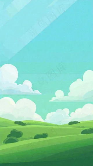 蓝天白云草地卡通扁平手绘插画春天绿色立春，春分