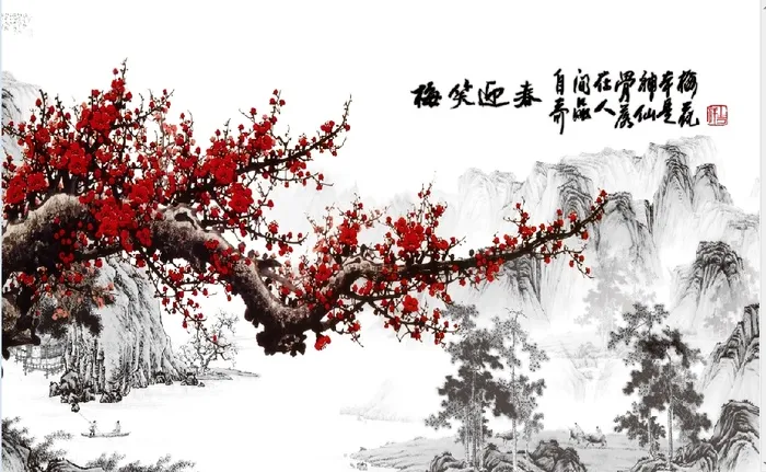 祝贺新年桃花山水psd模版下载