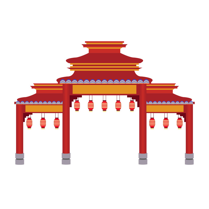 中国风复古式国潮门楼手绘城门插画牌楼建筑AI素材png免扣图