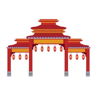 中国风复古式国潮门楼手绘城门插画牌楼建筑AI素材png免扣图