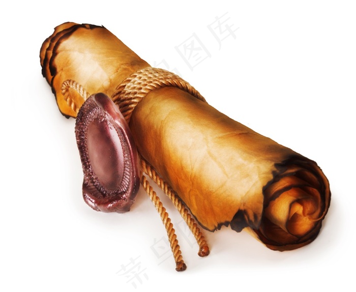 放在牛皮卷轴上的红色蝴蝶结特写高清素材图片