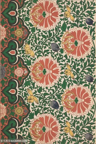 绿色植物背景花纹橘红色鲜花中式传统纹样集锦中国风图片